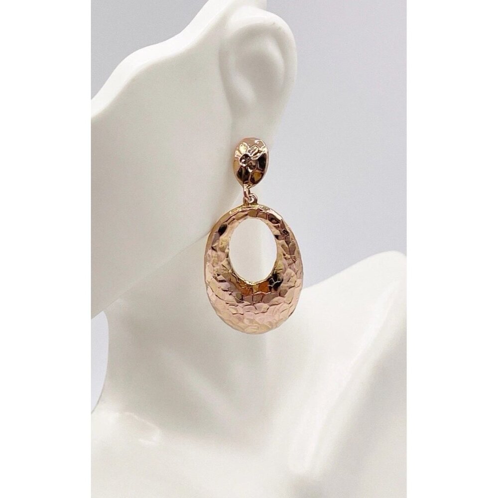 Vintage Bellezza Hammered Gold Tone Oval Dangle/Drop Statement Earrings Signed